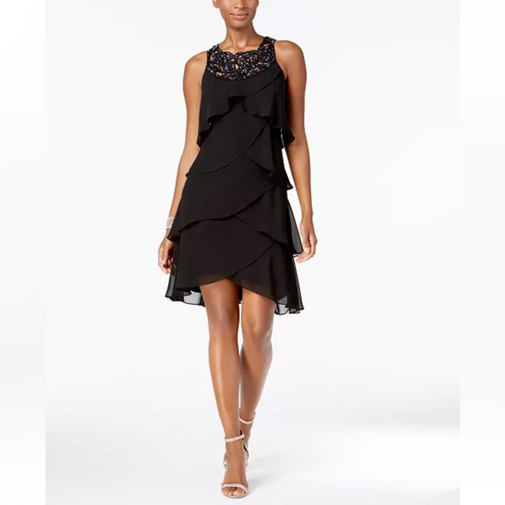 SLNY SL Fashions Women's Black High Low Sleeveless Beaded Tiered Dress Size 6
